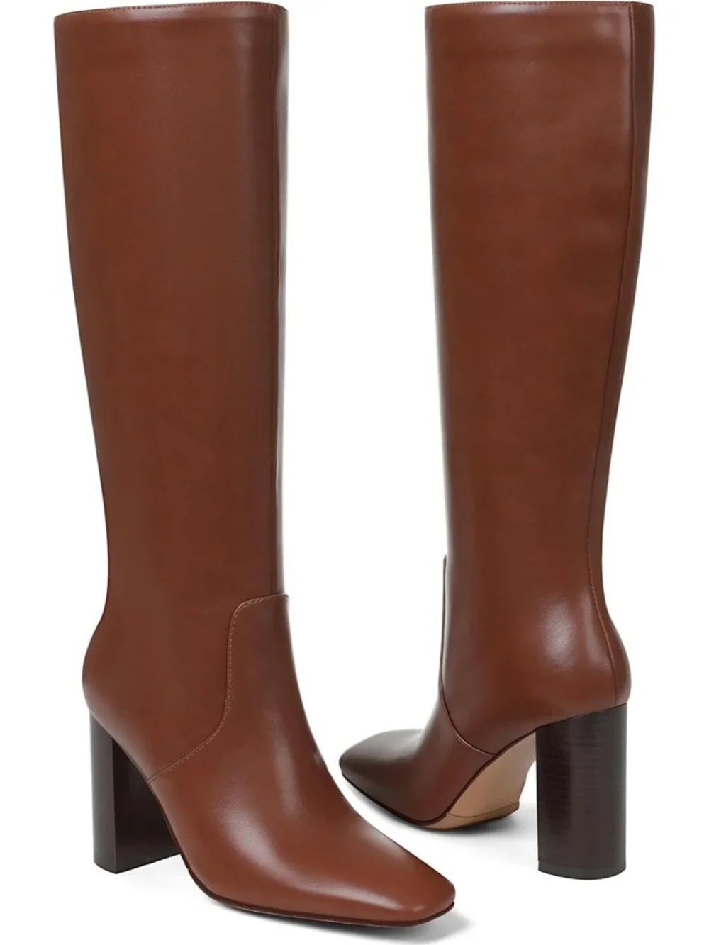 Women's Brown Faux Leather Comfortable Square Toe Chunky High Knee High Boots